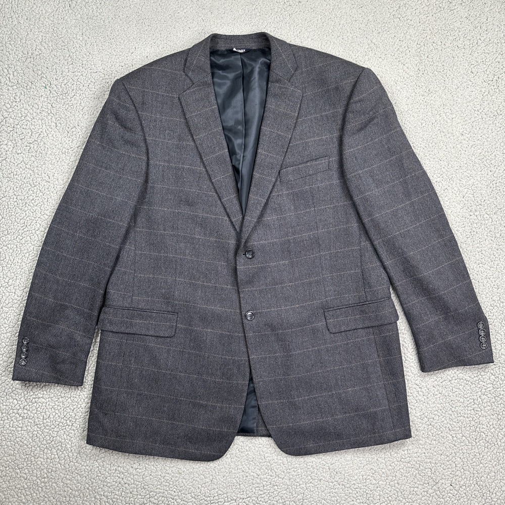 Botany 500 Allan Blazer Men 46L Blue‎ Windowpane Plaid Lambswool Sport Coat